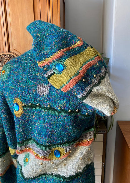 Vintage multi coloured and textured embellished cardigan. Approx U.K. size 10-16