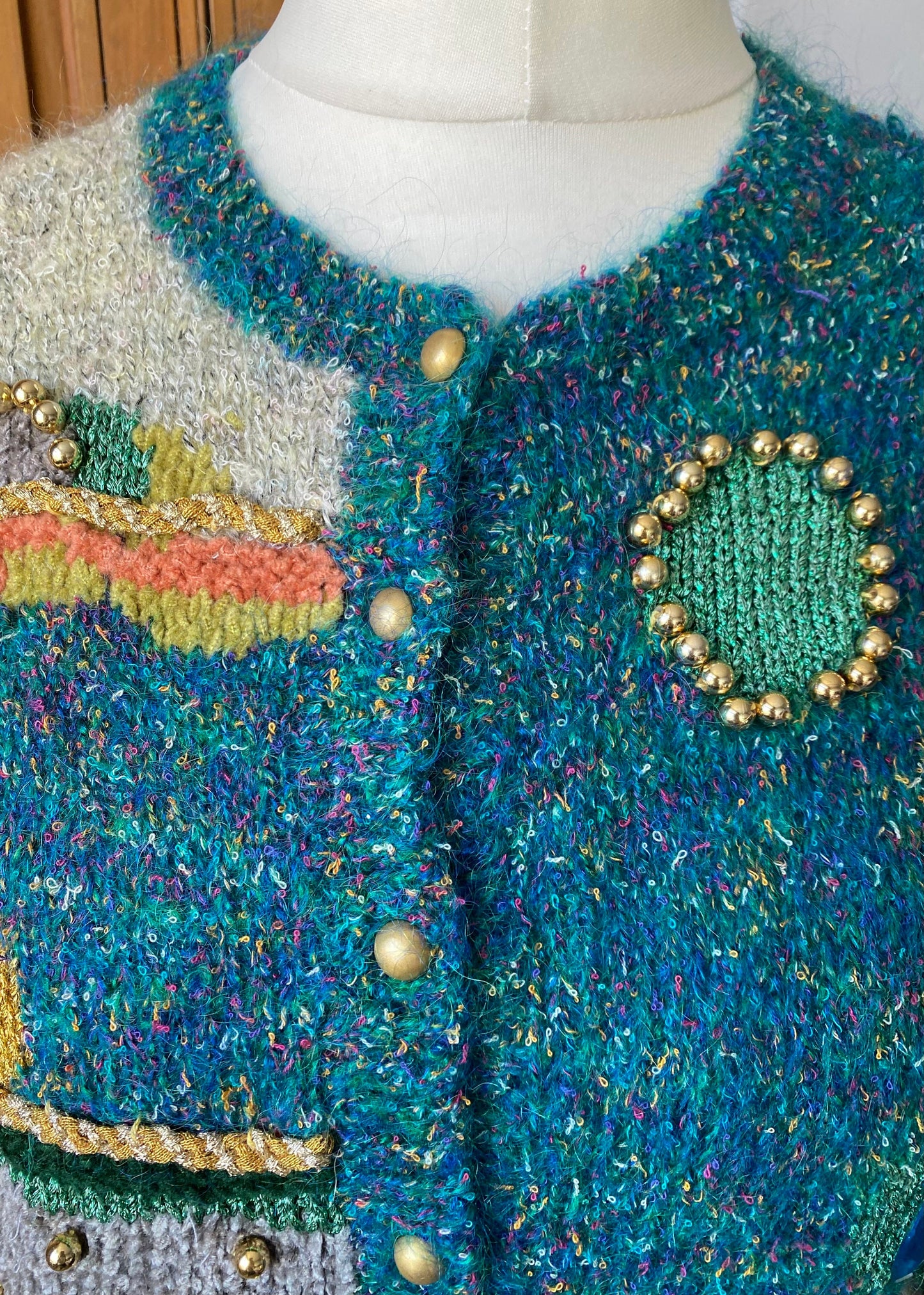 Vintage multi coloured and textured embellished cardigan. Approx U.K. size 10-16