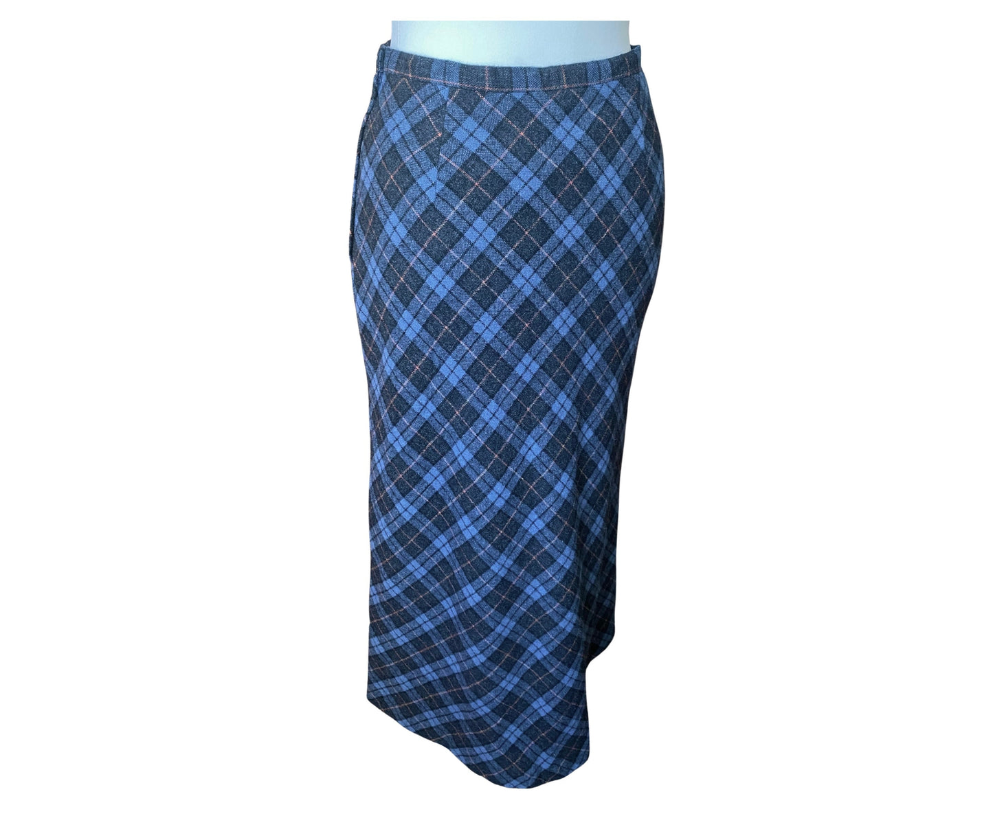 90s blue tartan/ plaid wool blend fully lined maxi skirt. Approx  U.K. size 12-14