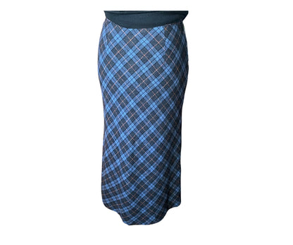 90s blue tartan/ plaid wool blend fully lined maxi skirt. Approx  U.K. size 12-14