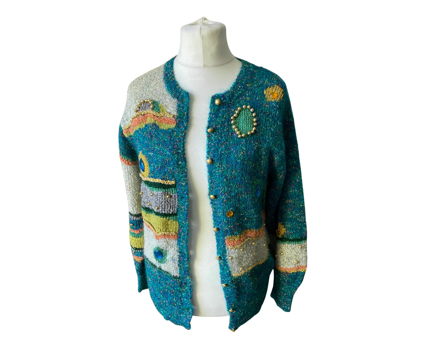 Vintage multi coloured and textured embellished cardigan. Approx U.K. size 10-16
