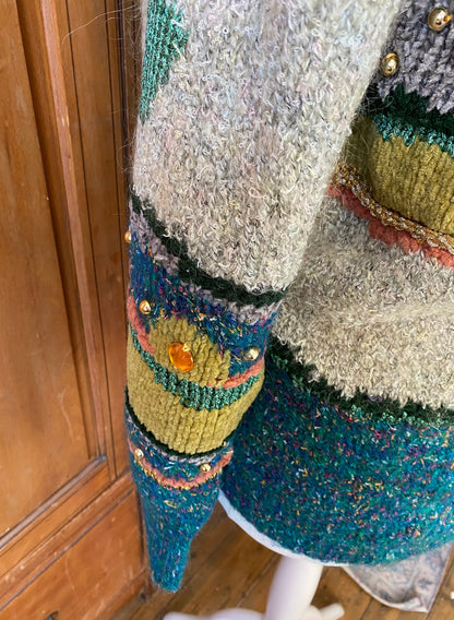 Vintage multi coloured and textured embellished cardigan. Approx U.K. size 10-16