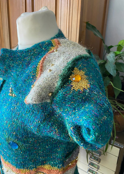 Vintage multi coloured and textured embellished cardigan. Approx U.K. size 10-16