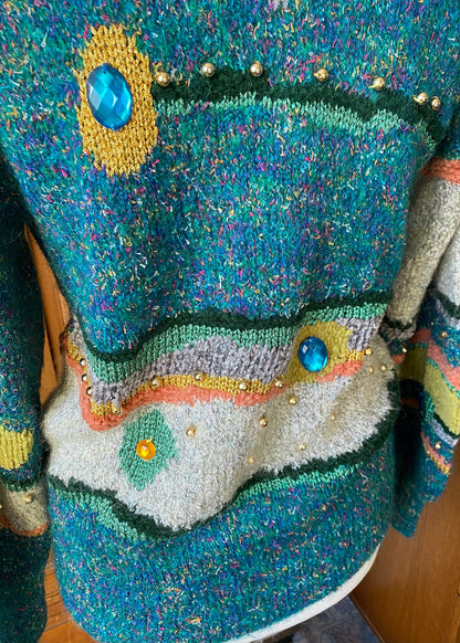 Vintage multi coloured and textured embellished cardigan. Approx U.K. size 10-16