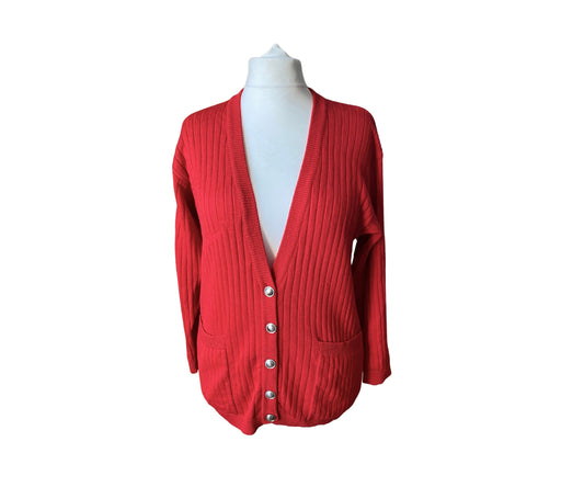 Red ribbed vintage cardigan with silver buttons and an anchor badge 
