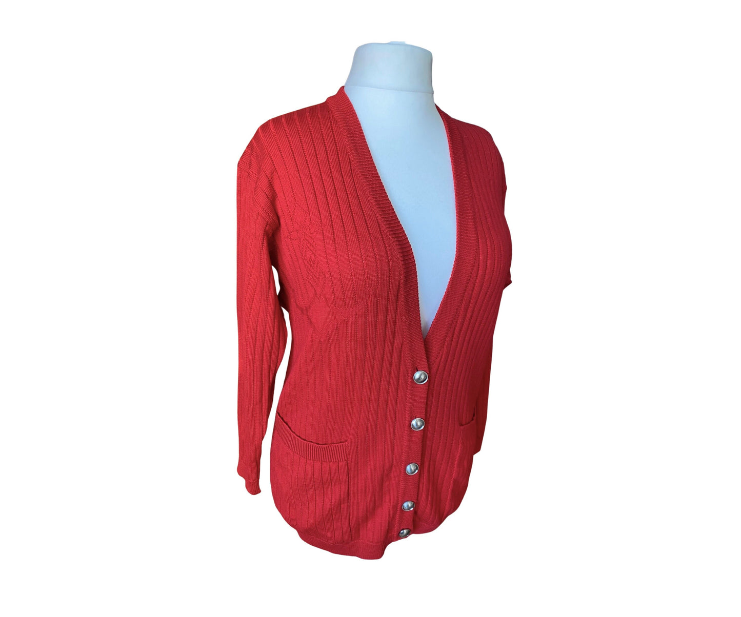 Vintage red ribbed cardigan with anchor motif and silver buttons. Approx U.K. size 16-20